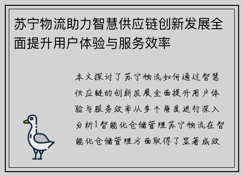 苏宁物流助力智慧供应链创新发展全面提升用户体验与服务效率