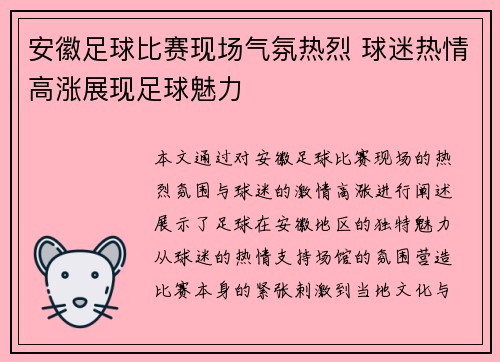 安徽足球比赛现场气氛热烈 球迷热情高涨展现足球魅力