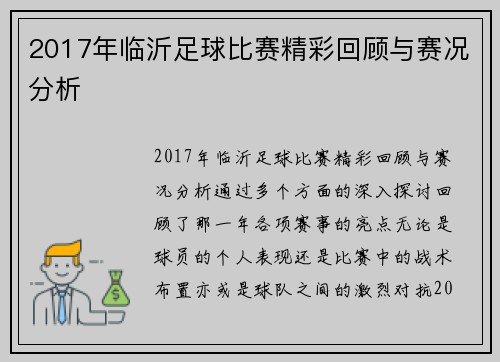 2017年临沂足球比赛精彩回顾与赛况分析