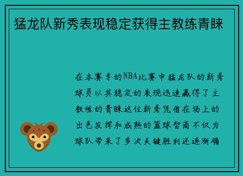 猛龙队新秀表现稳定获得主教练青睐