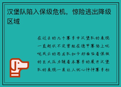 汉堡队陷入保级危机，惊险逃出降级区域