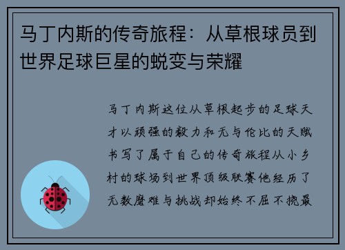 马丁内斯的传奇旅程：从草根球员到世界足球巨星的蜕变与荣耀