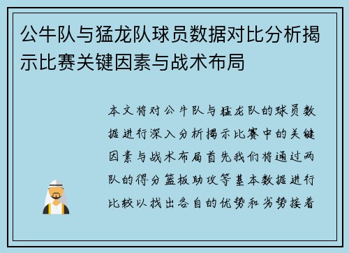 公牛队与猛龙队球员数据对比分析揭示比赛关键因素与战术布局