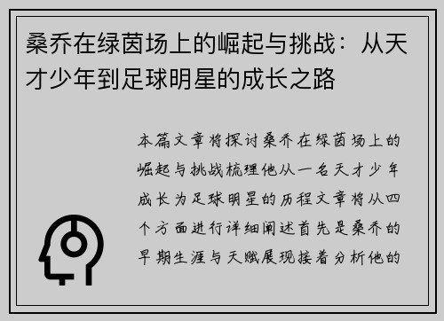 桑乔在绿茵场上的崛起与挑战：从天才少年到足球明星的成长之路