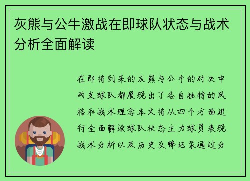 灰熊与公牛激战在即球队状态与战术分析全面解读