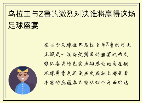 乌拉圭与Z鲁的激烈对决谁将赢得这场足球盛宴