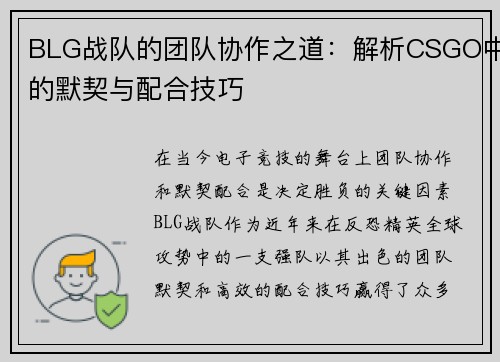 BLG战队的团队协作之道：解析CSGO中的默契与配合技巧