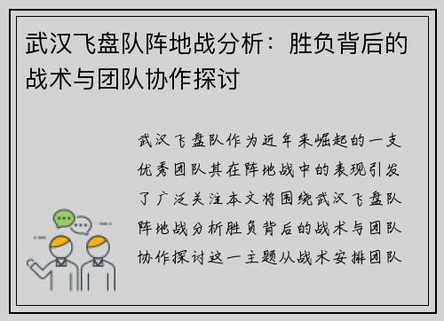 武汉飞盘队阵地战分析：胜负背后的战术与团队协作探讨